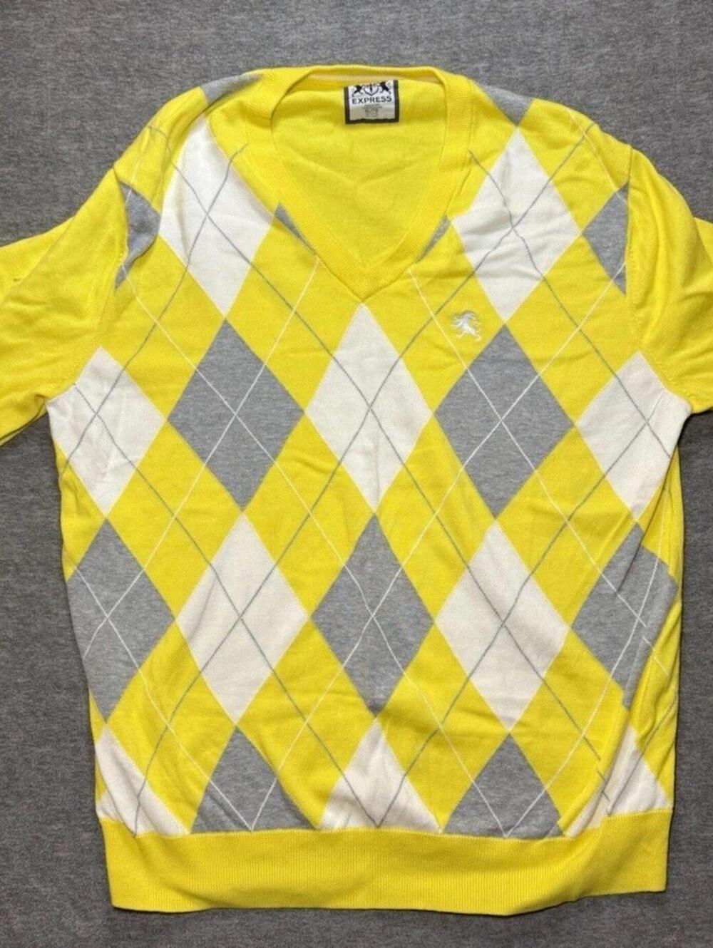 Express Men's Long Sleeve Sweater- XL/Yellow+Gray Plaid/ 100% Cotton/Casual